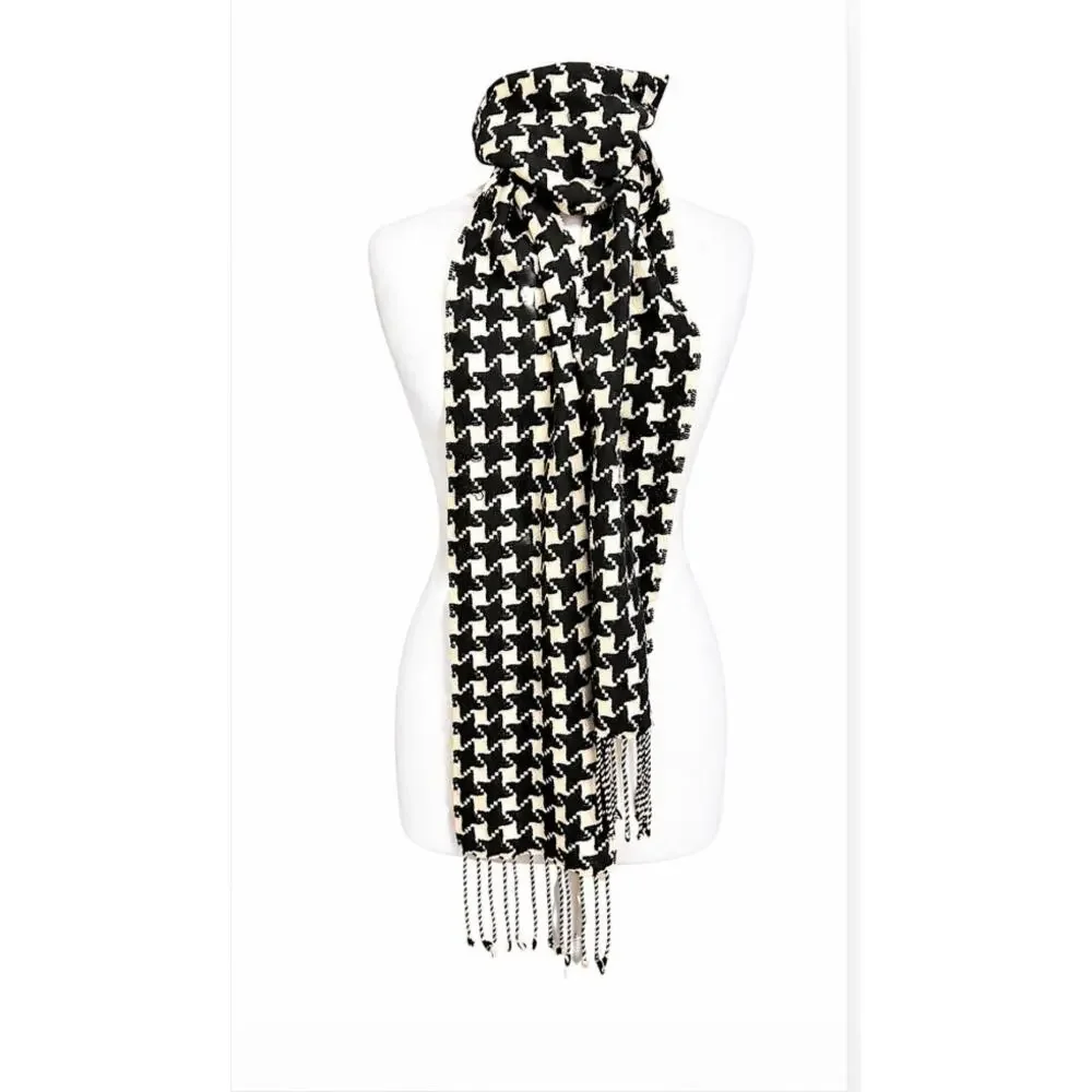 Ann Taylor 100% Cashmere Houndstooth Fringe Scarf Black Ivory Soft Wrap